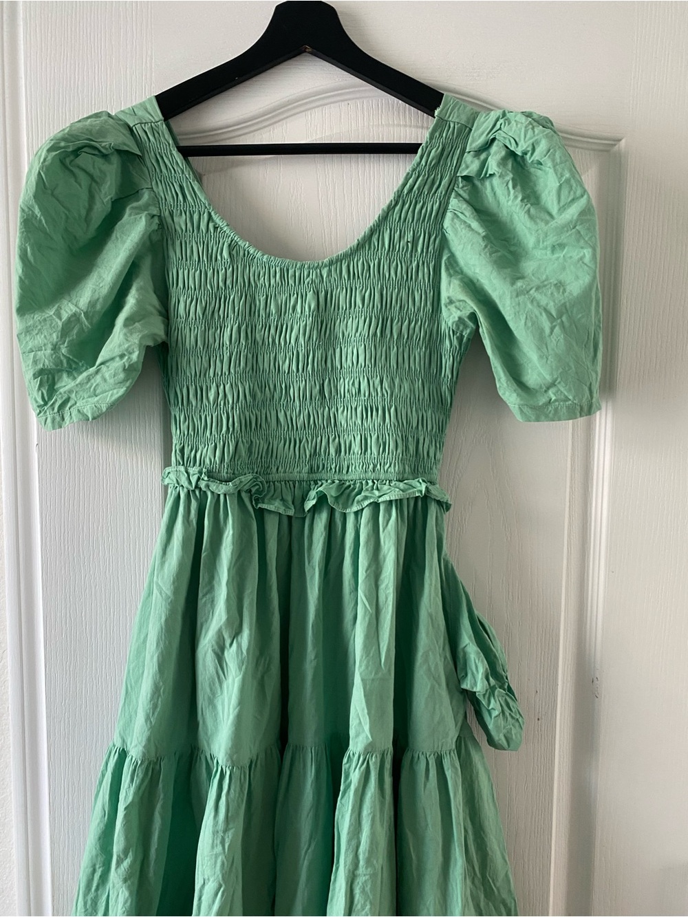 &Merci Sage Green Smocked Open Tie Back Tiered Puff Sleeve Coquette Midi Dress S - Picture 4 of 14